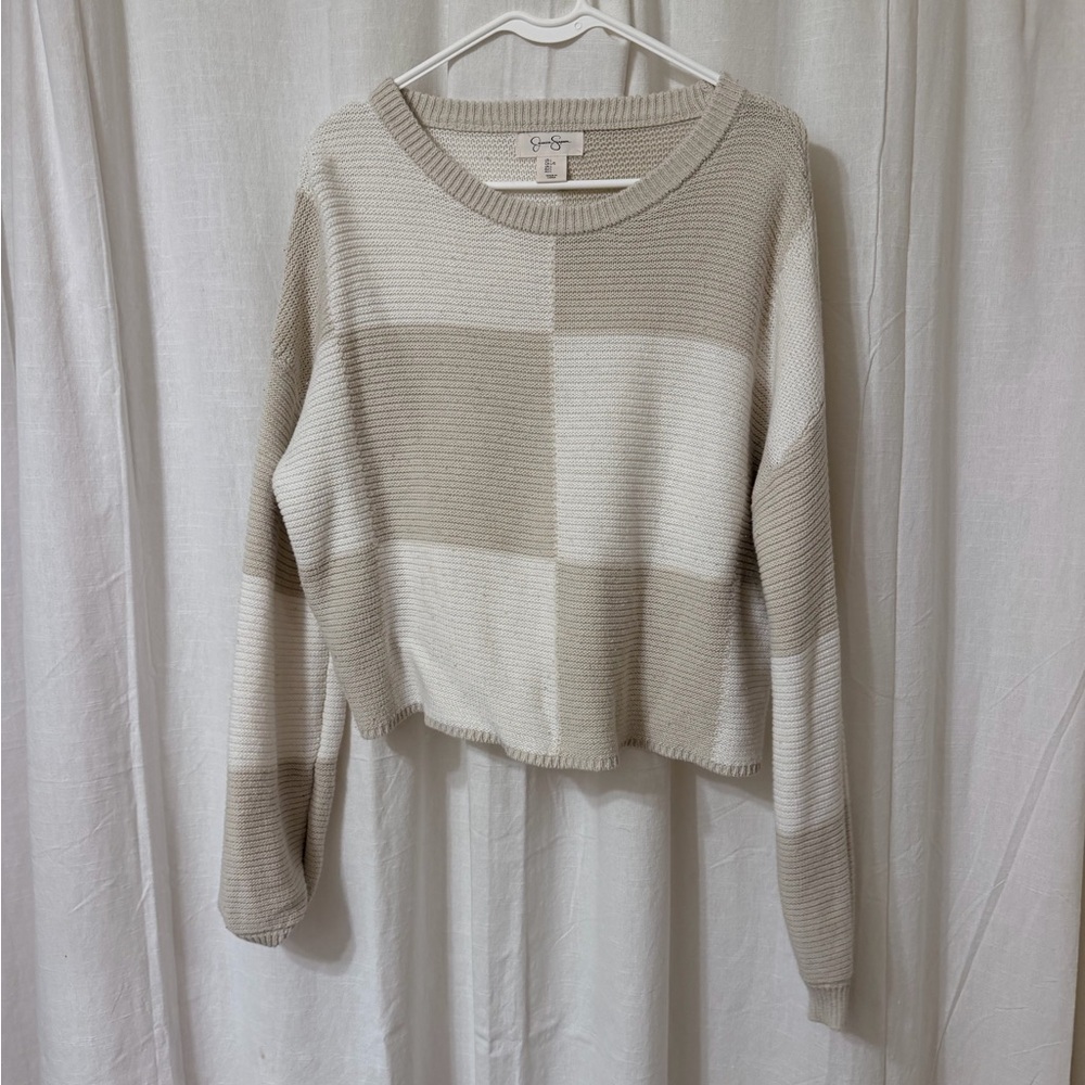 Jessica Simpson Cream and Tan Colorblock Crewneck Sweater